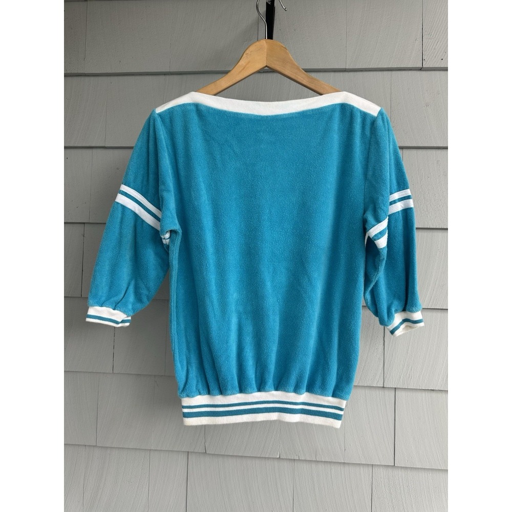 Vintage 70s 80s Gap Terry Cloth Pullover Top M Turquoise Varsity Stripe Boatneck
